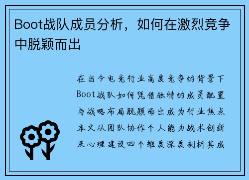 Boot战队成员分析，如何在激烈竞争中脱颖而出