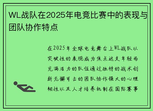 WL战队在2025年电竞比赛中的表现与团队协作特点